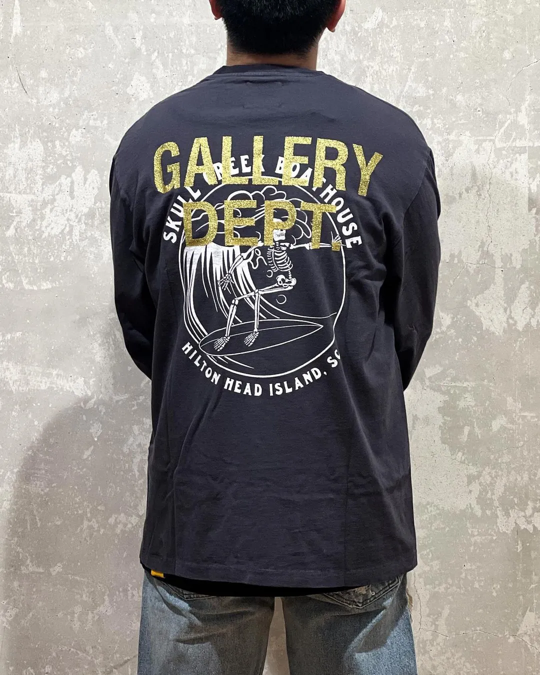 GALLERY DEPT. SKULL CREEK L/S TEE/BLK Glitter skull surf long sleeves, washed black S-XL, genuine development, correct version, garment dyed, washed and distressed, printing has a full sense of distress